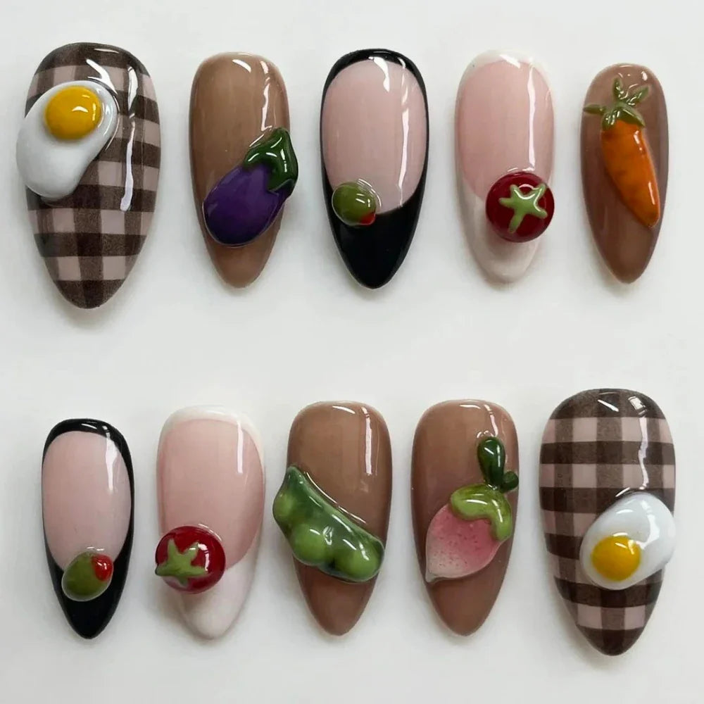 Aapon Mini Market Ltd 3D Fruits & Vegetable Themed Press-on Nails (10Pcs)