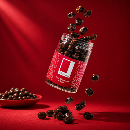 Rita Farhi dark chocolate ginger jar with chocolates falling