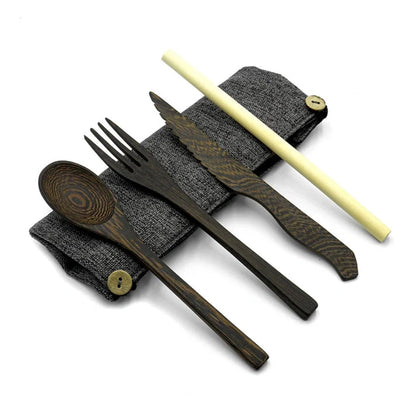 Aaponminimarket Dark Wood Cutlery Set (Light grey bag)