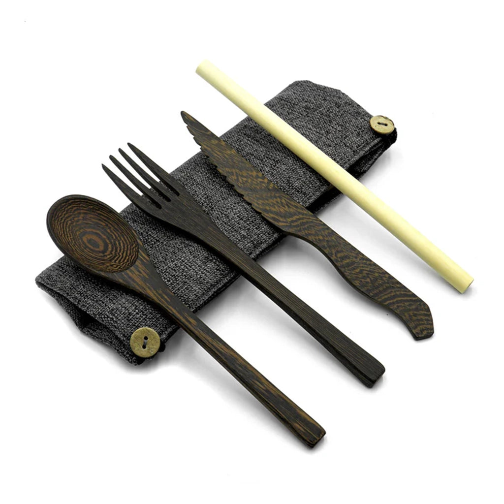 Aapon mini market -Dark Wood Cutlery Set (Light grey bag)