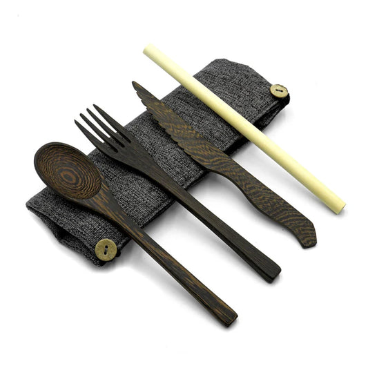 Aapon mini market -Dark Wood Cutlery Set (Light grey bag)