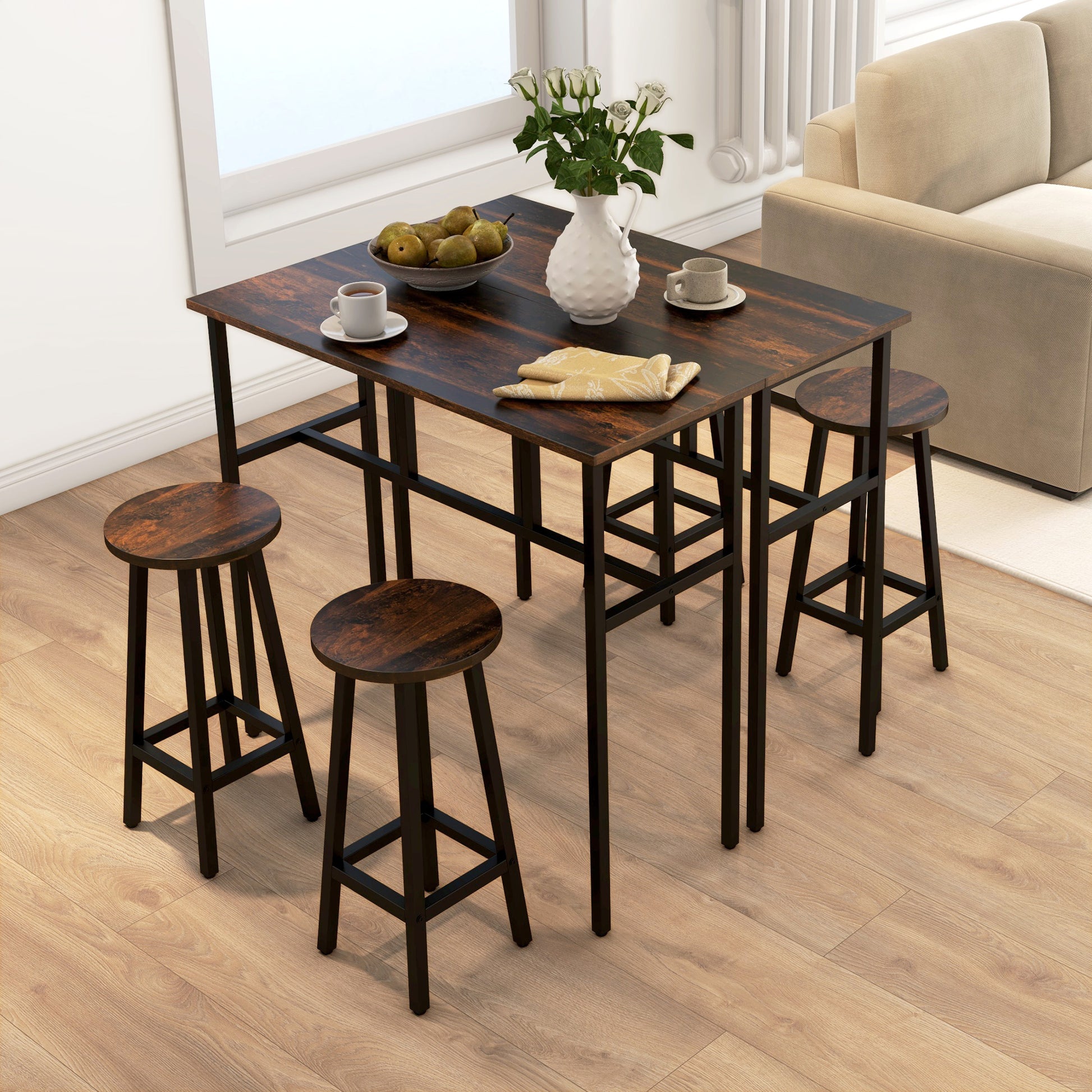 Bar Table and Stools, 2 Breakfast Tables w/ 4 Stools, Counter Height Dining Tables & Chairs for Kitchen, Living Room, Rustic Brown | HOMCOM-6