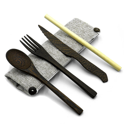 Aapon mini market -Dark Wood Cutlery Set (Light grey bag)