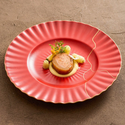 Aapon mini market -Luxury Red Ceramic Dinner Plate with Golden Veins