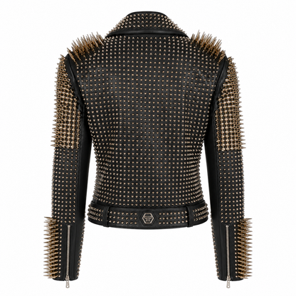 Women’s Golden Studded Leather Biker Jacket