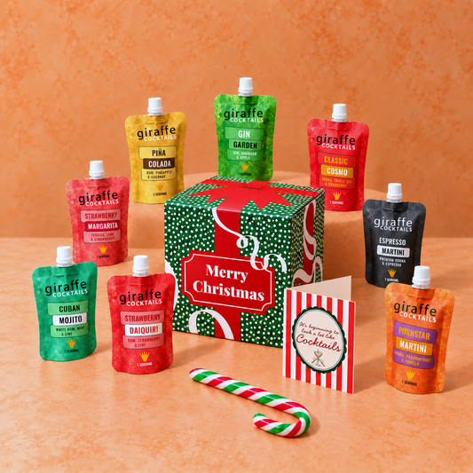 Giraffe Cocktails Christmas gift box with eight ready-to-drink cocktail pouches, gift card and candy cane