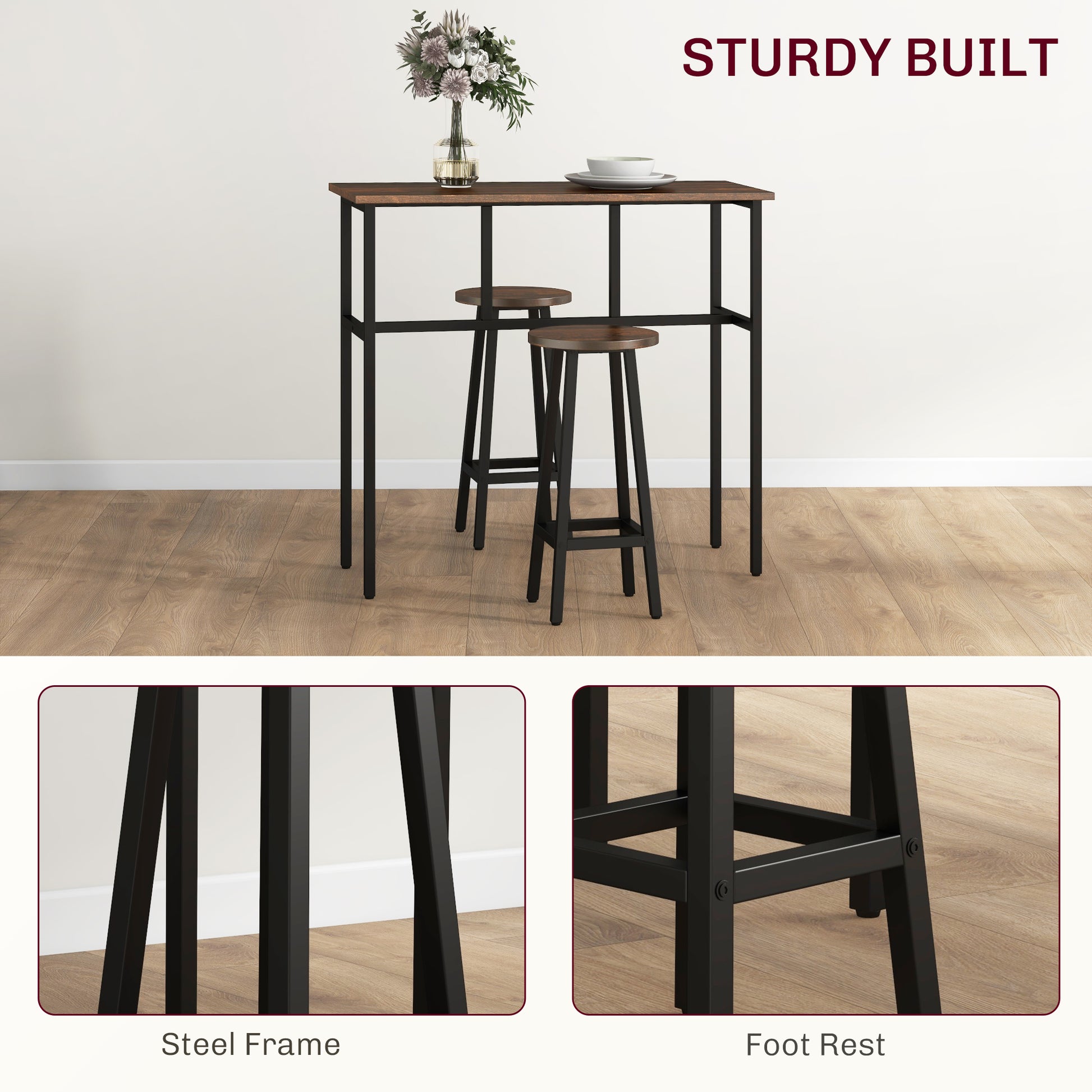 Bar Table and Stools, 2 Breakfast Tables w/ 4 Stools, Counter Height Dining Tables & Chairs for Kitchen, Living Room, Rustic Brown | HOMCOM-5