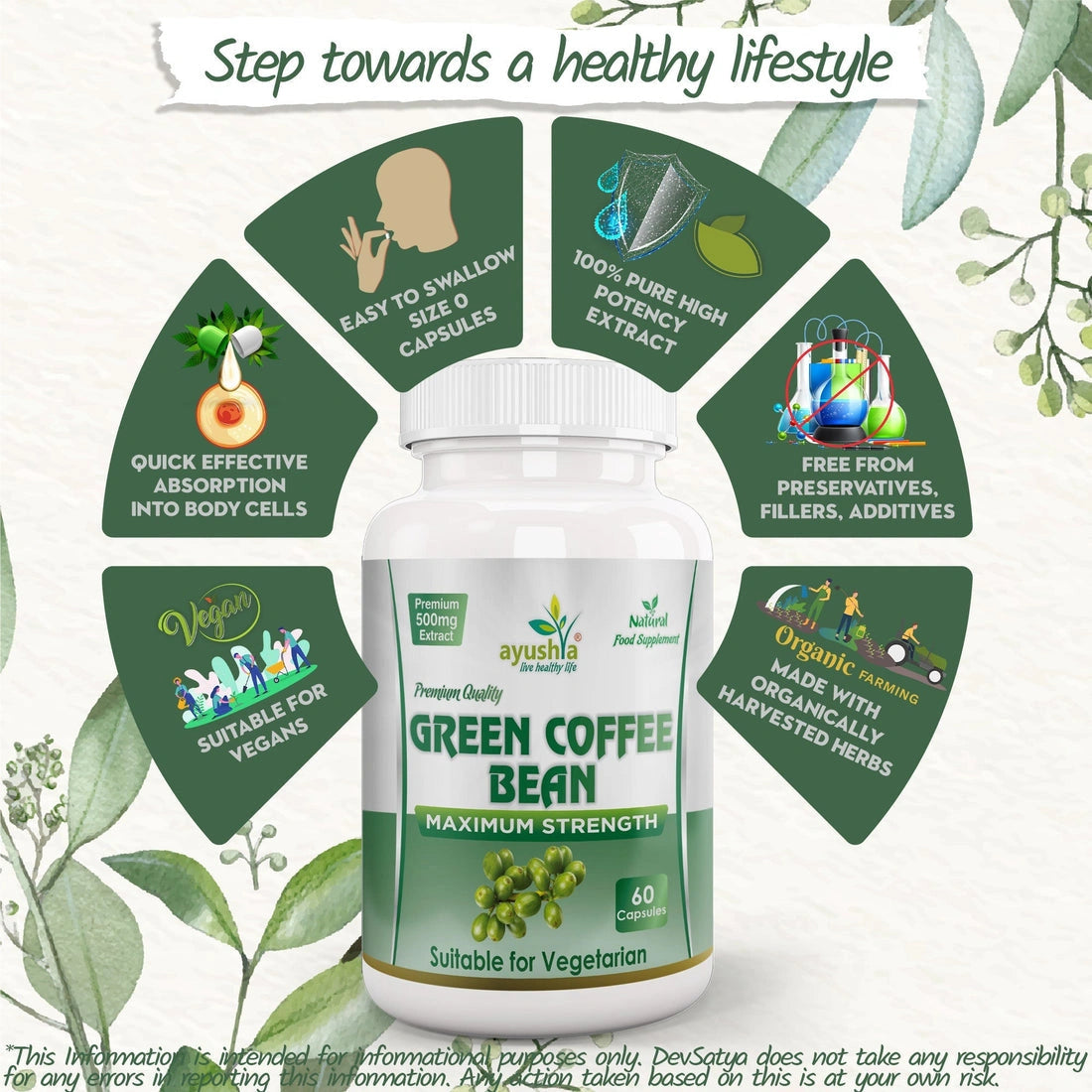 Aaponminimarket Ayushya Green Coffee Bean Capsules Energy & Antioxidant Support - Vegan, Gluten Free, Non-GMO, 60 Capsules