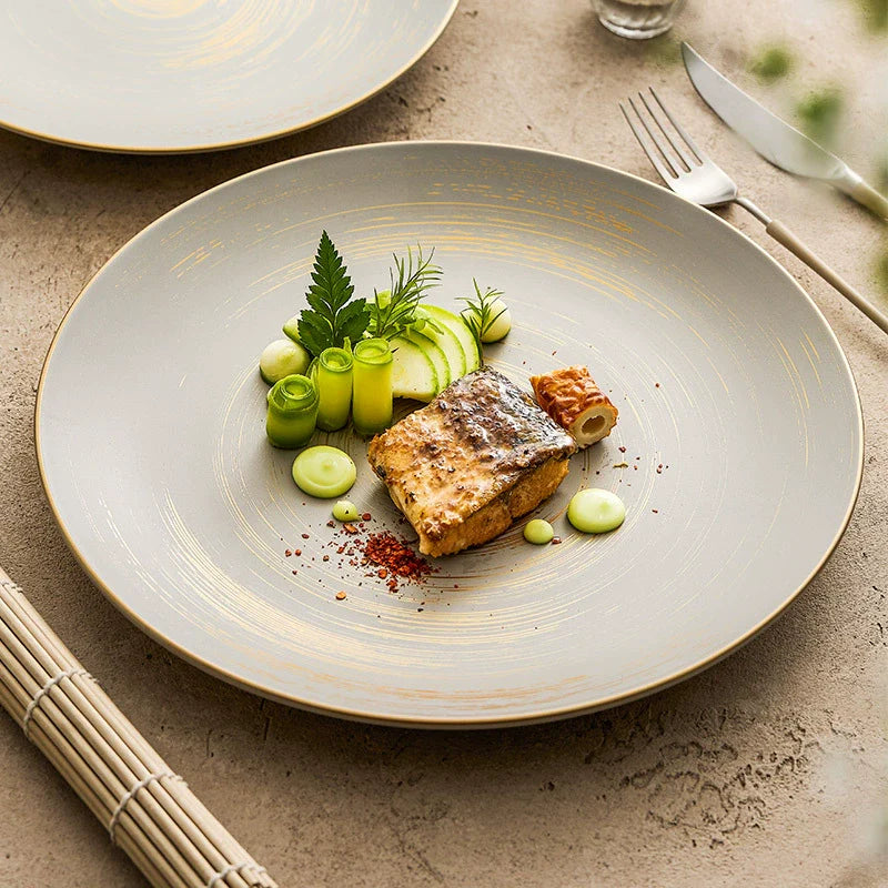Aapon mini market -Matte Glazed Ceramic Dinner Plate with Gold Detailing