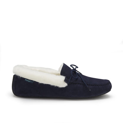 Hugs & Co. men's navy suede moccasin slipper with sheepskin collar, side view