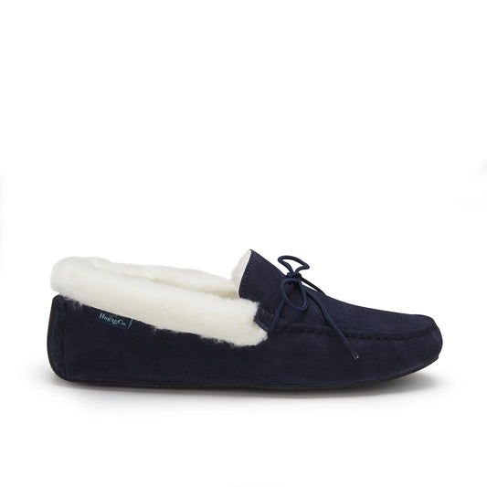Hugs & Co. men's navy suede moccasin slipper with sheepskin collar, side view