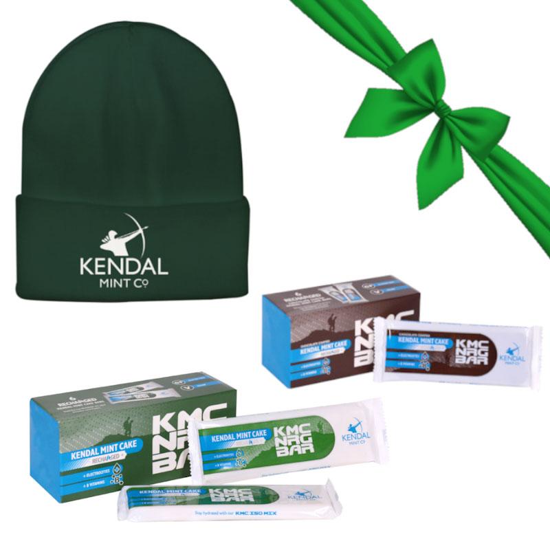 Green Kendal Mint Co beanie with Original and Chocolate KMC NRG BAR packs