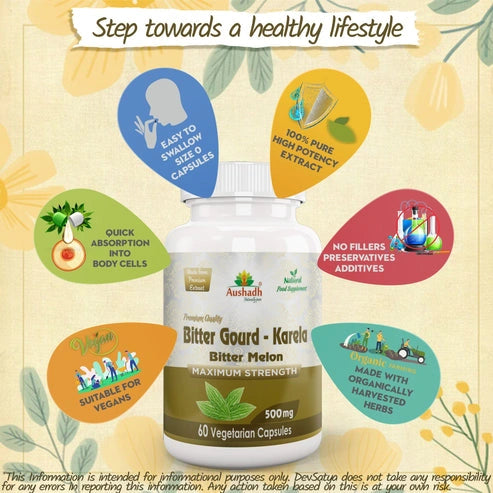Aaponminimarket Aushadh Karela (Bitter Gourd) Capsules Glucose Wellness Support - Vegan, Gluten Free, Non-GMO, 60 Capsules