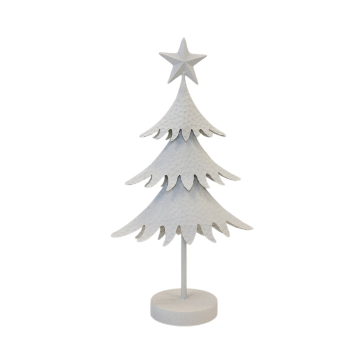Off-white metal Christmas tree with three scalloped hammered tiers and a star topper