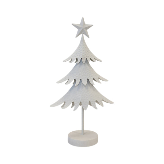 Off-white metal Christmas tree with three scalloped hammered tiers and a star topper