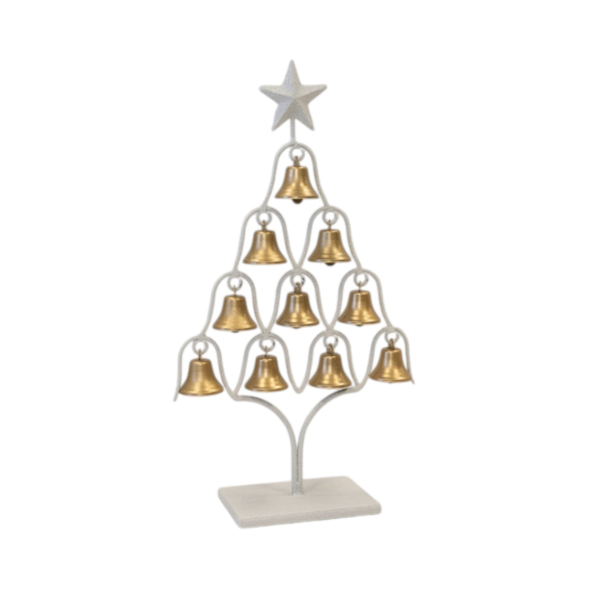Off-white tabletop Christmas tree frame with ten brushed gold bells and a star topper