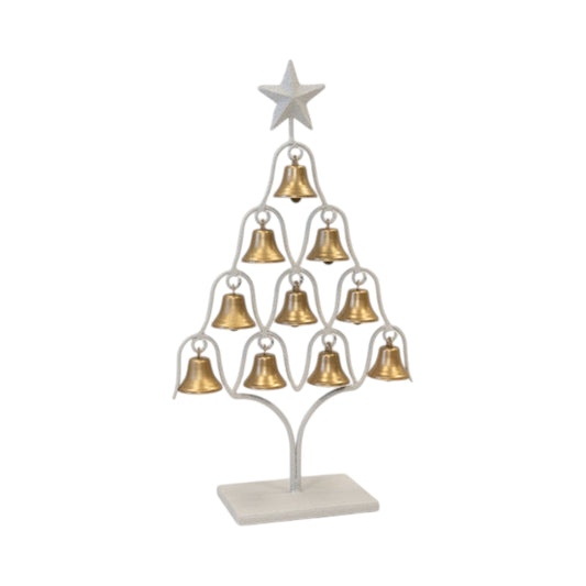 Off-white tabletop Christmas tree frame with ten brushed gold bells and a star topper