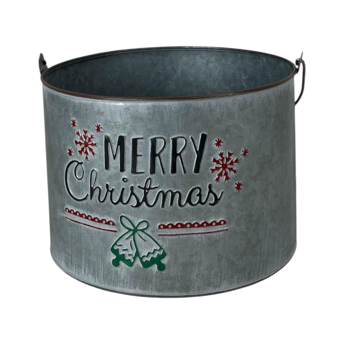 Galvanised-look metal bucket with Merry Christmas lettering, snowflakes and bells