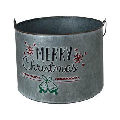 Galvanised-look metal bucket with Merry Christmas lettering, snowflakes and bells