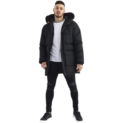 Men's Jethro Longline Padded Parka Jacket | Black Faux Fur Coat