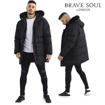 Men's Jethro Longline Padded Parka Jacket | Black Faux Fur Coat