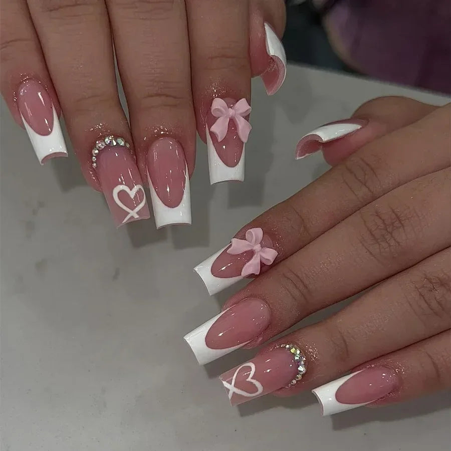 Aapon Mini Market Ltd Mid Long Pink Leopard Press-On Nails with Bow