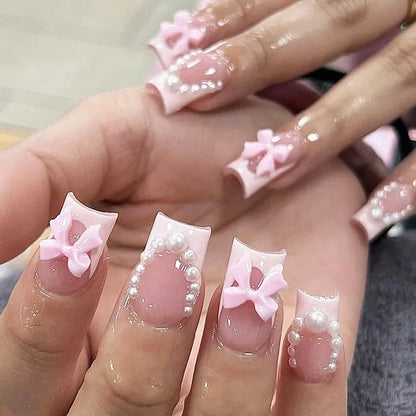 Aapon Mini Market Ltd Mid Long Pink Leopard Press-On Nails with Bow