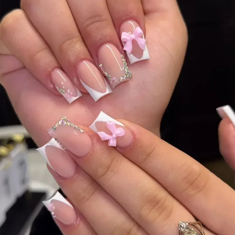 Aapon Mini Market Ltd Mid Long Pink Leopard Press-On Nails with Bow