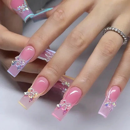 Aapon Mini Market Ltd Mid Long Pink Leopard Press-On Nails with Bow