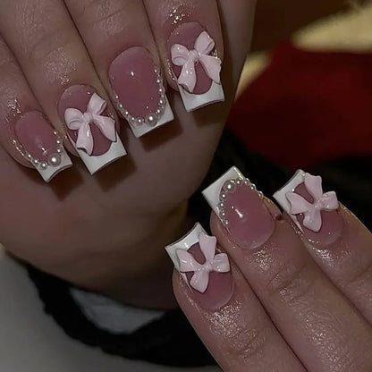 Mid Long Pink Leopard Press-On Nails with Bow