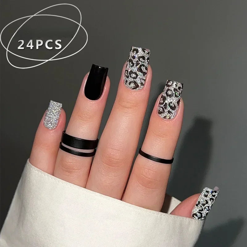 Aapon Mini Market Ltd Mid Long Pink Leopard Press-On Nails with Bow
