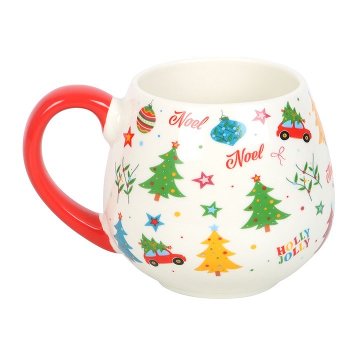 Rounded Christmas mug printed with trees, baubles, red cars and Noel lettering