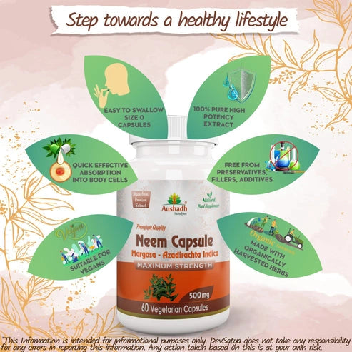 Aaponminimarket Aushadh Neem Capsules (Margosa) Skin & Immune Wellness Support - Vegan, Gluten Free, Non-GMO, 60 Capsules