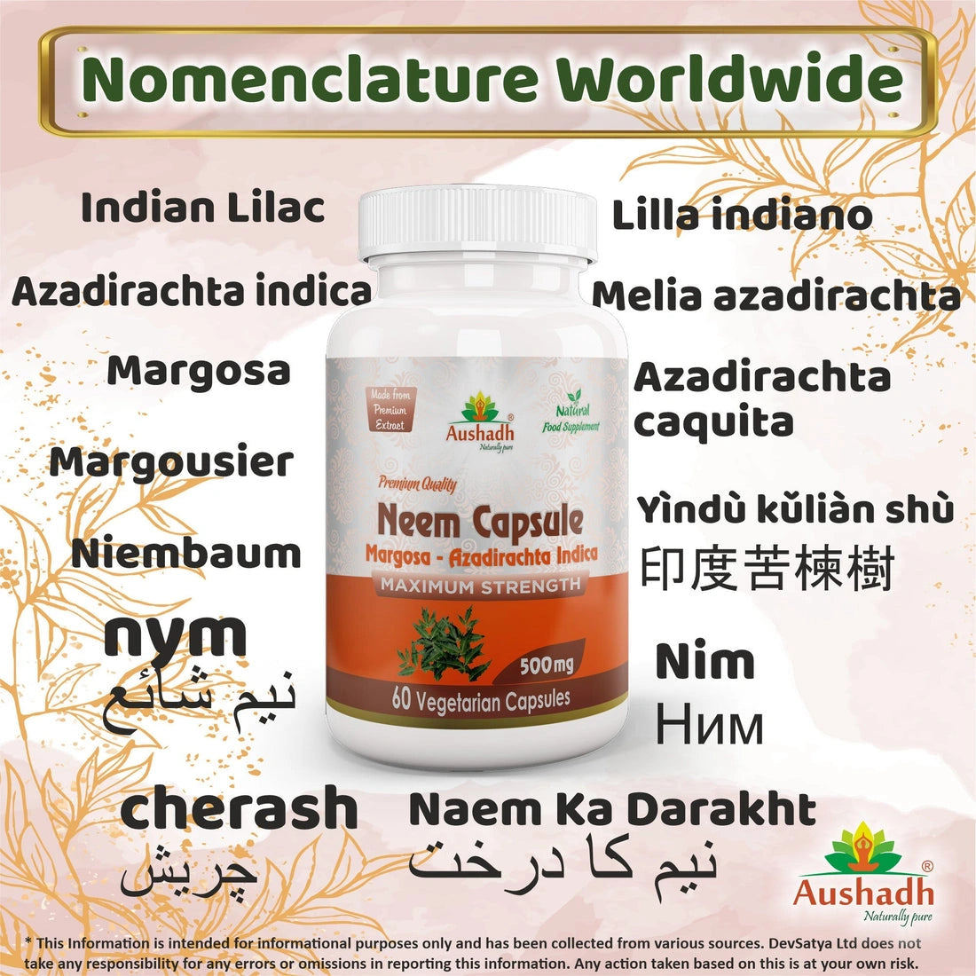 Aaponminimarket Aushadh Neem Capsules (Margosa) Skin & Immune Wellness Support - Vegan, Gluten Free, Non-GMO, 60 Capsules