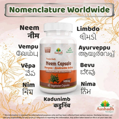 Aaponminimarket Aushadh Neem Capsules (Margosa) Skin & Immune Wellness Support - Vegan, Gluten Free, Non-GMO, 60 Capsules