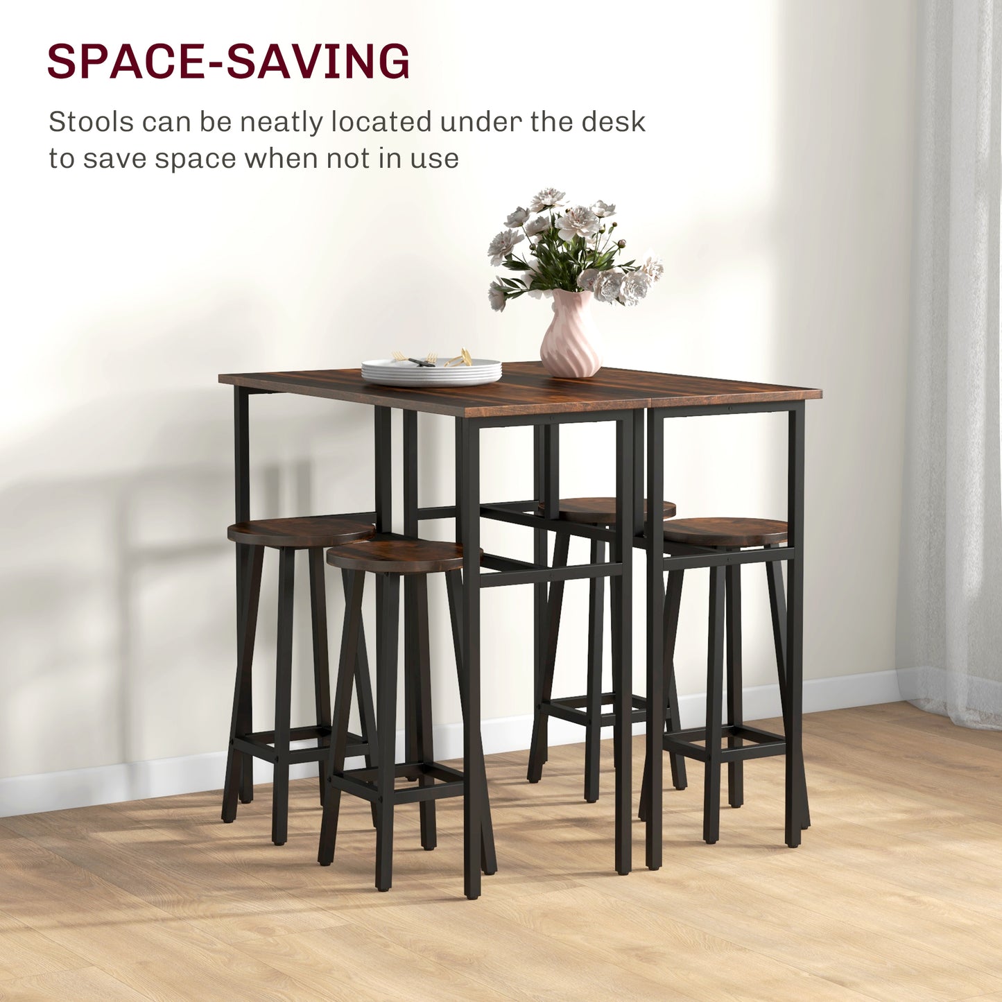 Bar Table and Stools, 2 Breakfast Tables w/ 4 Stools, Counter Height Dining Tables & Chairs for Kitchen, Living Room, Rustic Brown | HOMCOM-3