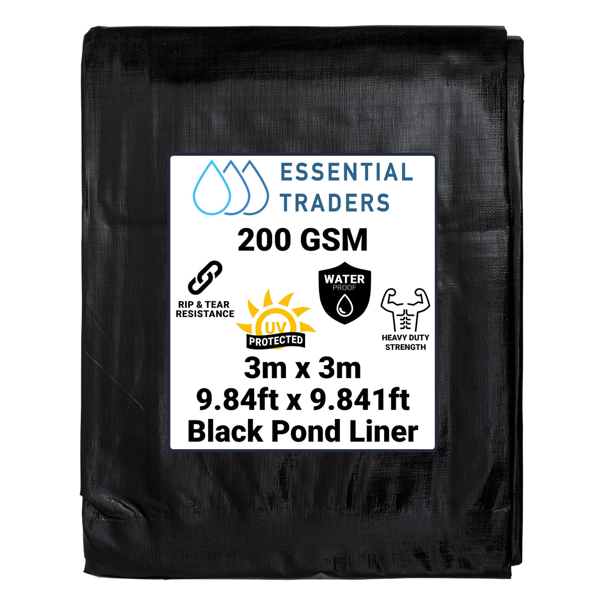 3m x 3m Black Pond Liner, L-Grade 200 GSM