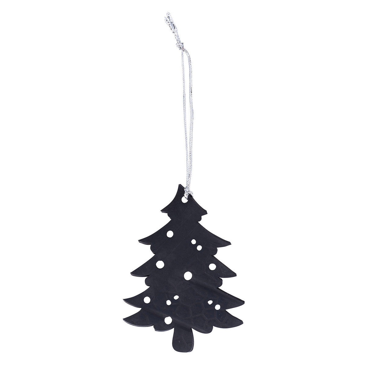 Black upcycled rubber Christmas tree decoration with cut-out dots on a silver cord