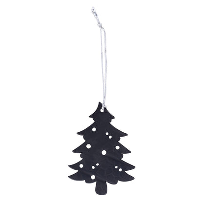 Black upcycled rubber Christmas tree decoration with cut-out dots on a silver cord