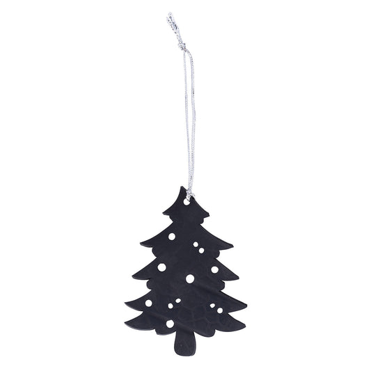 Black upcycled rubber Christmas tree decoration with cut-out dots on a silver cord