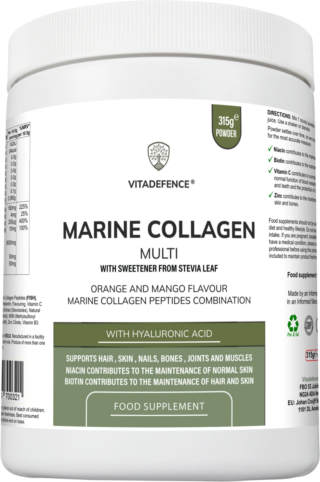 Aaponminimarket Marine Collagen Multi | Orange & Mango Flavour Powder with Hyaluronic Acid, MSM, Vitamins & Minerals – 315 g
