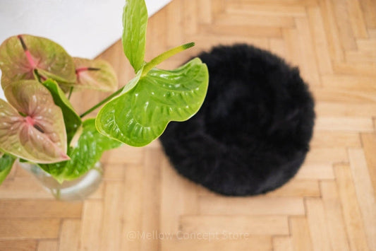 Aaponminimarket Round Natural Sheepskin Pet Bed - Black