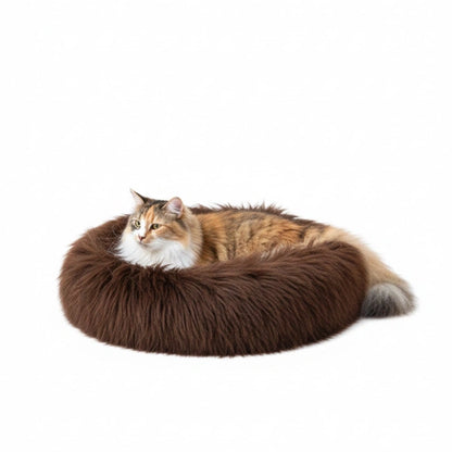 Aaponminimarket Round Natural Sheepskin Pet Bed (Brown)