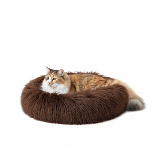 Aaponminimarket Round Natural Sheepskin Pet Bed (Brown)
