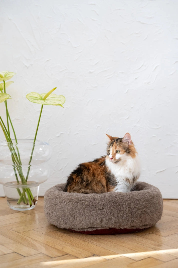 Aaponminimarket Round Natural Wool Pet Bed - Beige