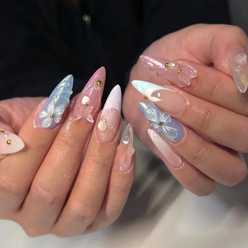 Colorful 3D Flower & Butterfly Press-On Nails