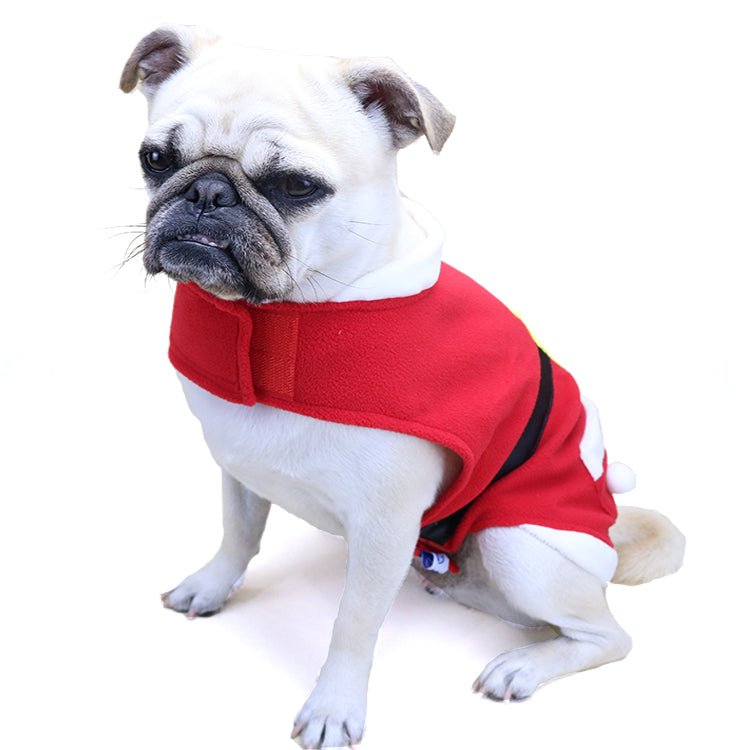 Pug wearing a red Santa Christmas dog coat