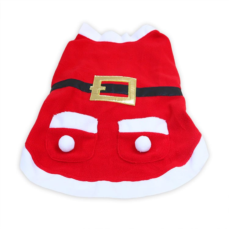 Red Santa dog coat with gold buckle belt, white trim and pompom pockets