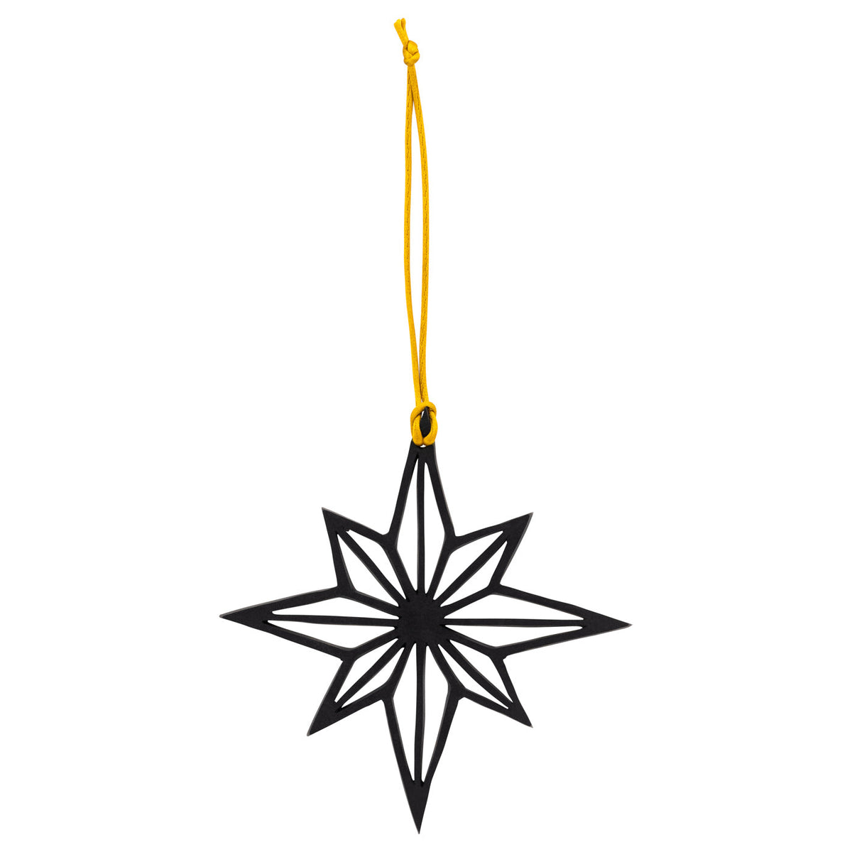 Black upcycled rubber Sirius star Christmas decoration on a yellow cord