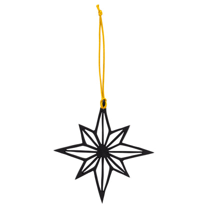 Black upcycled rubber Sirius star Christmas decoration on a yellow cord